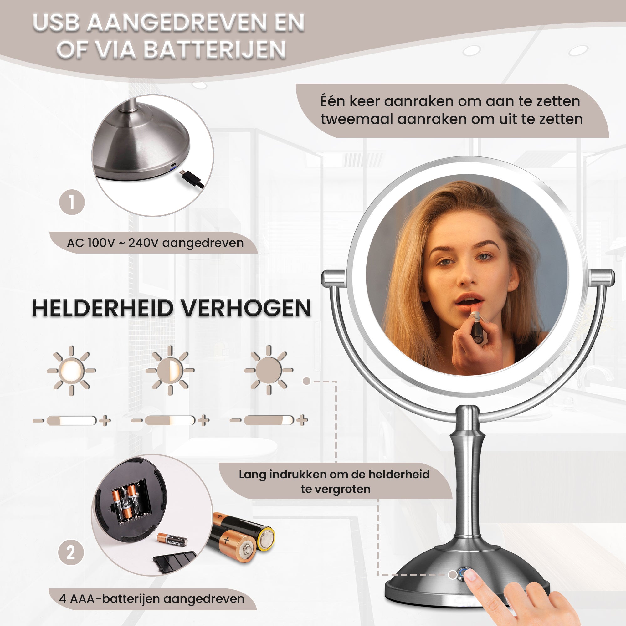 Satijn Geborsteld | led verlichting | USB - Batterijen | 5x Vergroting