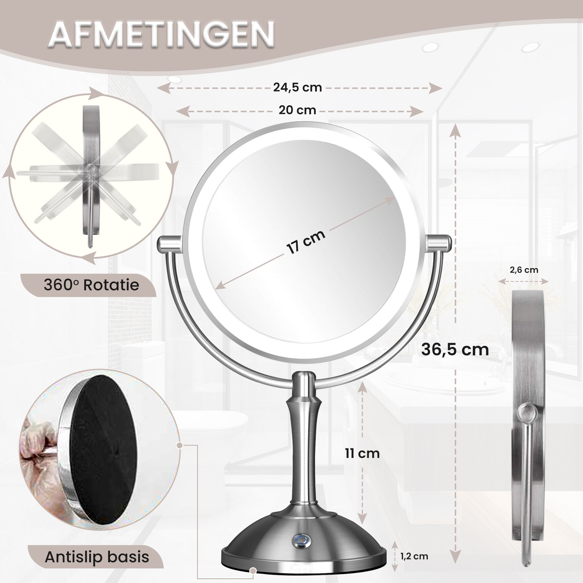 Satijn Geborsteld | led verlichting | USB - Batterijen | 5x Vergroting